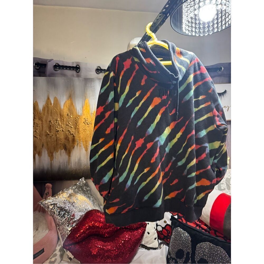 VS Pink rainbow zebra pullover cowl neck  Sherpa lined size large /L - Picture 2 of 8